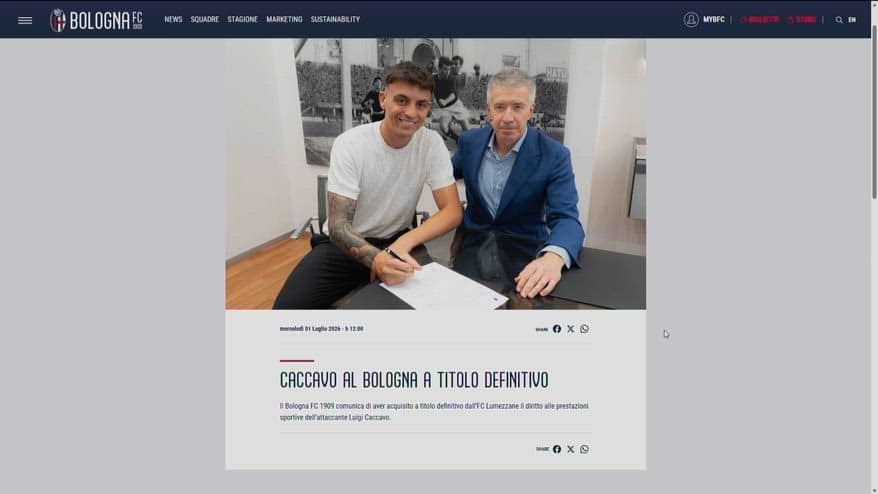 Luigi Caccavo è un nuovo giocatore del Bologna