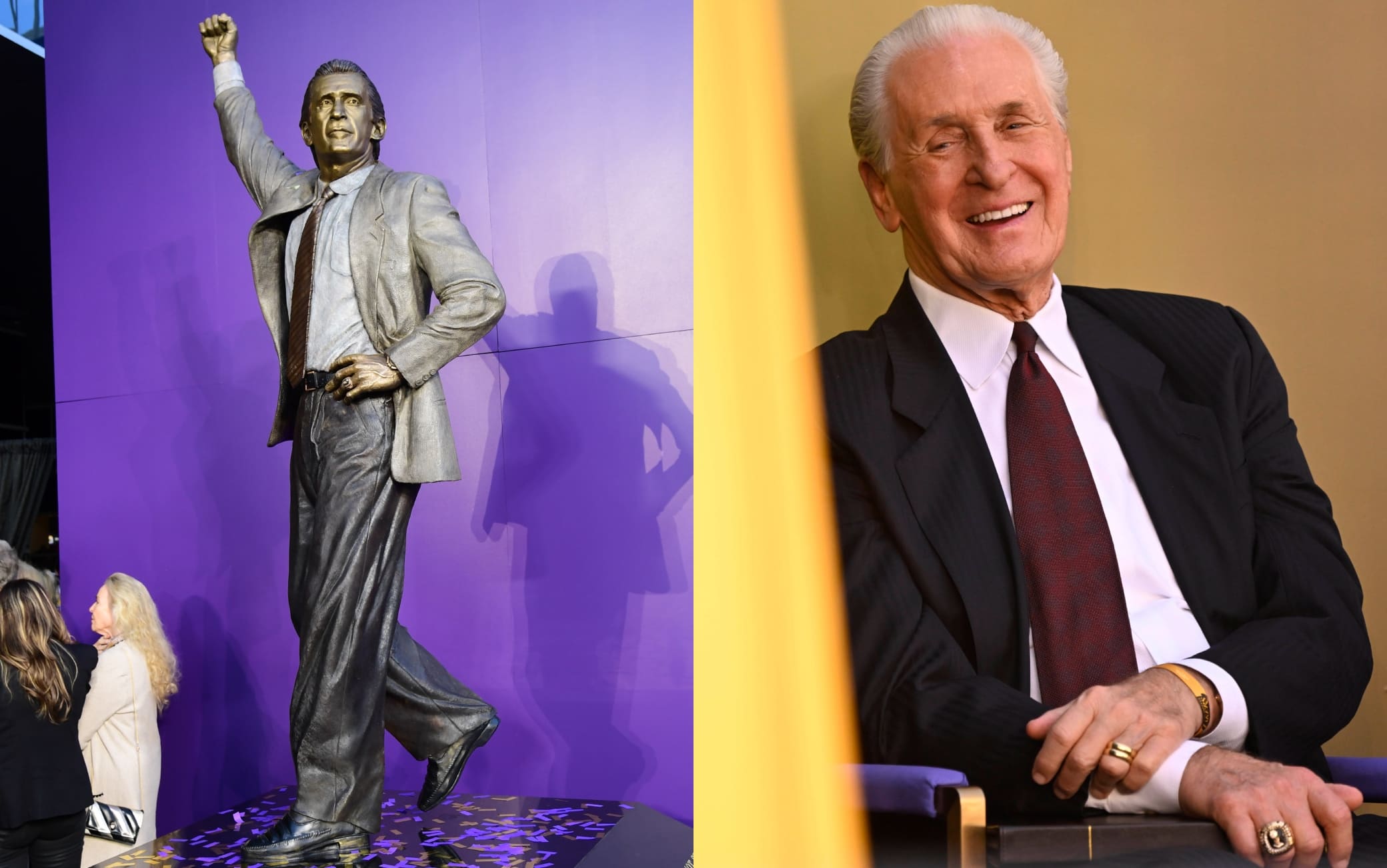 NBA, i Lakers svelano la statua per Pat Riley con un vestito di Armani