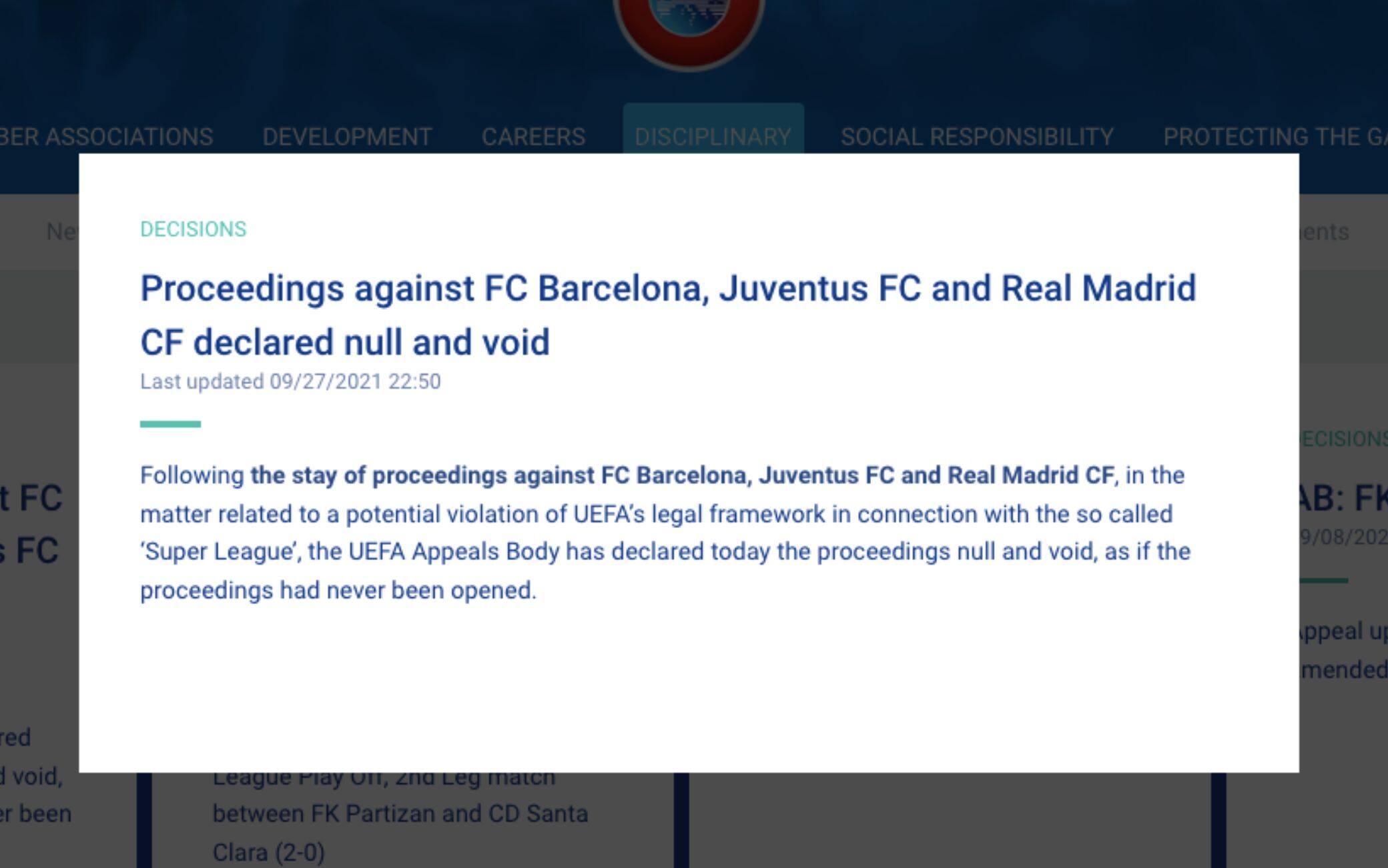 Il comunicato ufficiale della Corte d'Appello Uefa