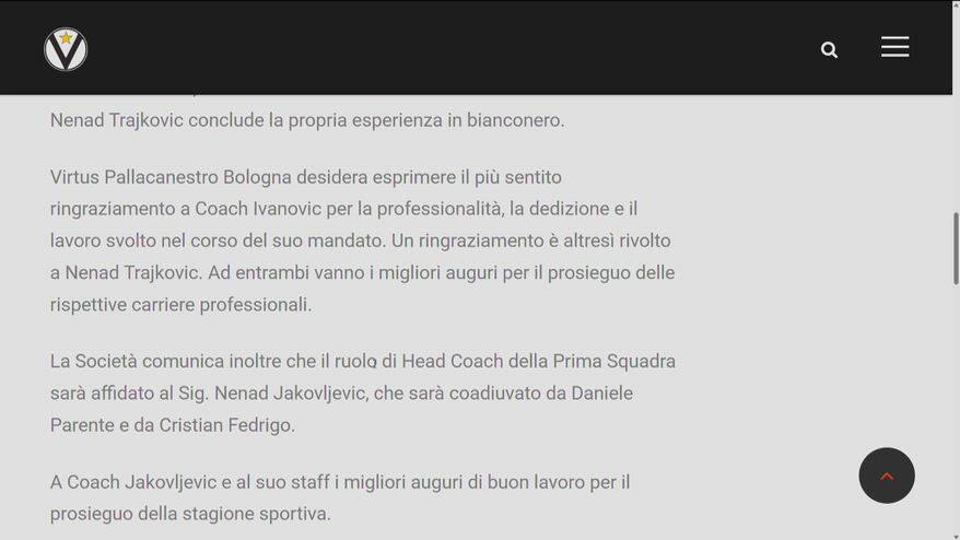 Esonerato Ivanovic, la Virtus Bologna al vice Jakovljevic