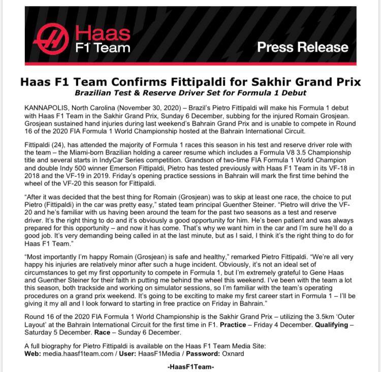 Haas, il comunicato ufficiale