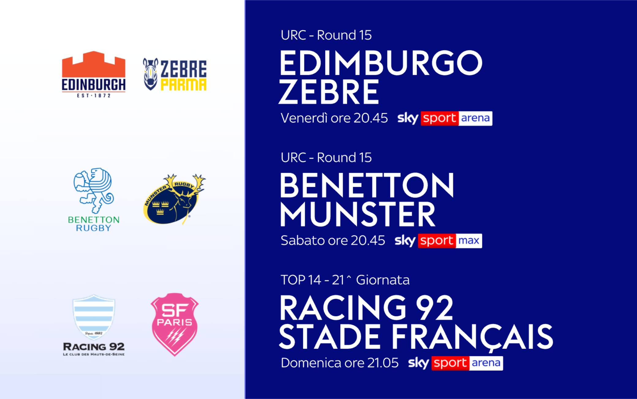 URC e Top 14, le partite del weekend su Sky