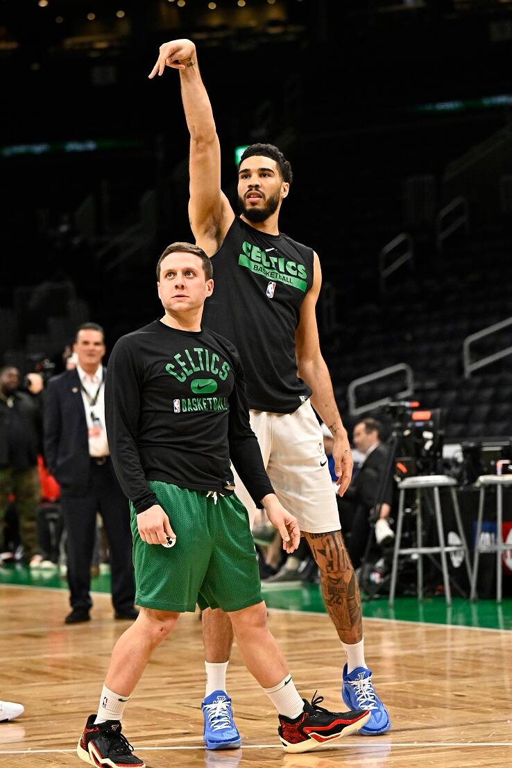 BOSTON, MA - MAY 3: Assistant Coach Matt Reynolds and Jayson Tatum #0 of the Boston Celtics warm up before the game against the Philadelphia 76ers during Round 2 Game 2 of the Eastern Conference Semi-Finals 2023 NBA Playoffs on May 3, 2023 at the TD Garden in Boston, Massachusetts. NOTE TO USER: User expressly acknowledges and agrees that, by downloading and or using this photograph, User is consenting to the terms and conditions of the Getty Images License Agreement. Mandatory Copyright Notice: Copyright 2023 NBAE  (Photo by David Dow/NBAE via Getty Images)