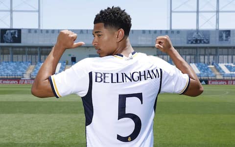 MADRID, SPAIN - JUNE 15: Jude Bellingham, new Real Madrid player, is unveiled at Valdebebas training ground on June 15, 2023 in Madrid, Spain. (Photo by Pedro Castillo/Real Madrid via Getty Images)