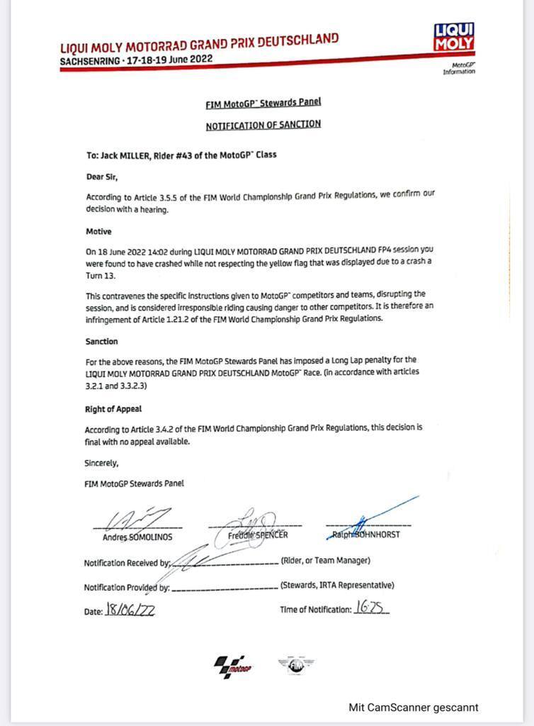 Long lap penalty per Miller: il documento 