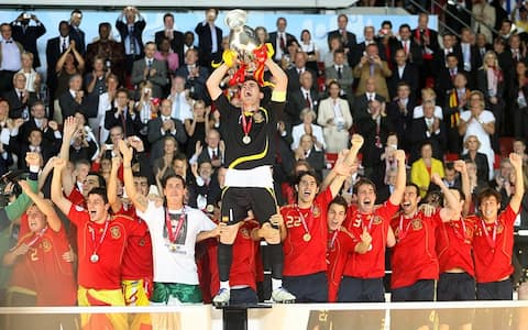 Spain's captain Iker Casillas lifts the Euro 2008 trophy.