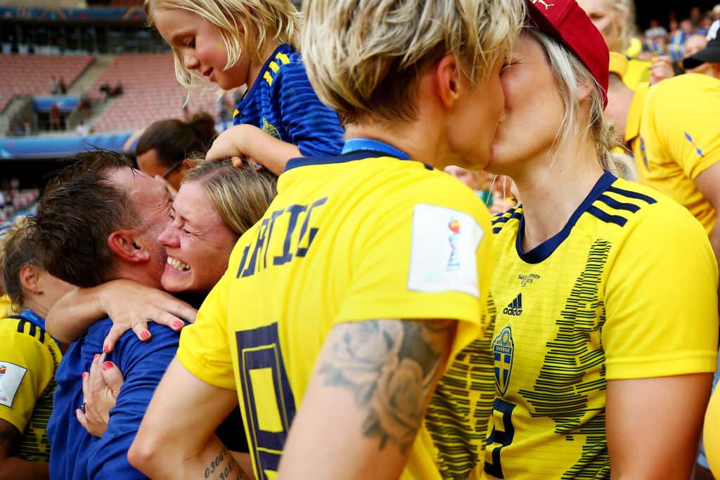 NICE, FRANCE - JULY 06: Lina Hurtig of Sweden kisses Lisa Lantz after Sweden defeat England in the 2019 FIFA Women's World Cup France 3rd Place Match match between England and Sweden at Stade de Nice on July 06, 2019 in Nice, France. (Photo by Maddie Meyer - FIFA/FIFA via Getty Images)