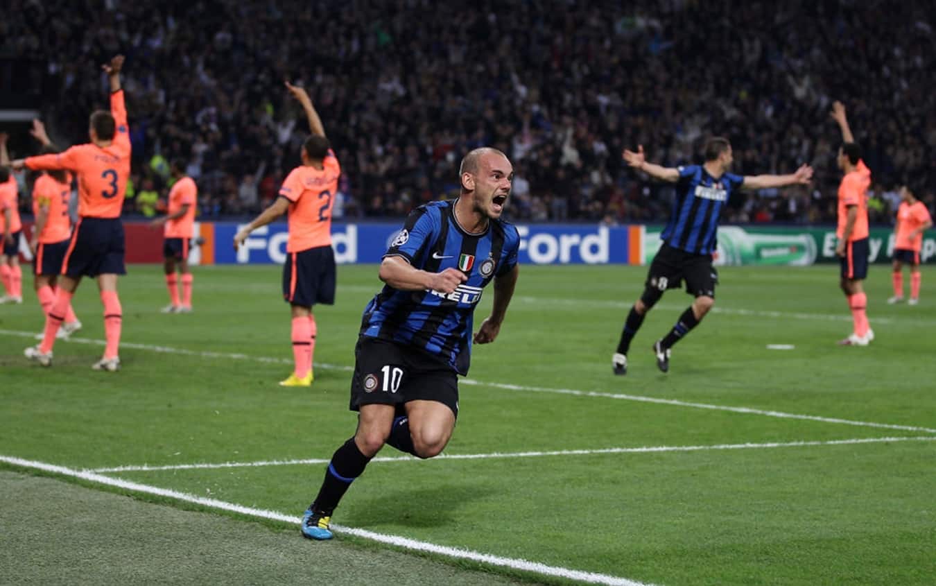 Inter-Barcellona 2010: l'esultanza di Wesley Sneijder