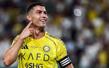 TOPSHOT - Nassr's Portuguese forward #07 Cristiano Ronaldo celebrates after scoring a goal during the Saudi Pro League football match between Al-Nassr and Al-Riyadh SC at Al-Awwal Park in Riyadh on September 20, 2025. (Photo by Fayez NURELDINE / AFP) (Photo by FAYEZ NURELDINE/AFP via Getty Images)          