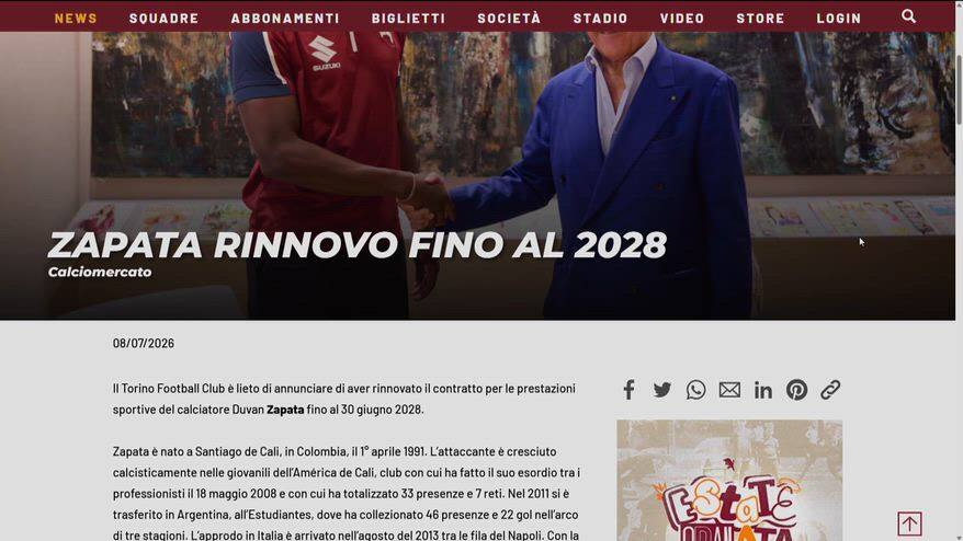 Torino, Zapata rinnova il contratto fino al 2028