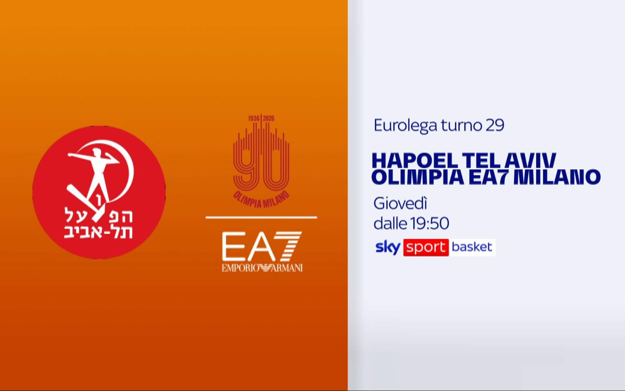 Eurolega, Hapoel-Olimpia Milano alle 20.05 su Sky Sport Basket