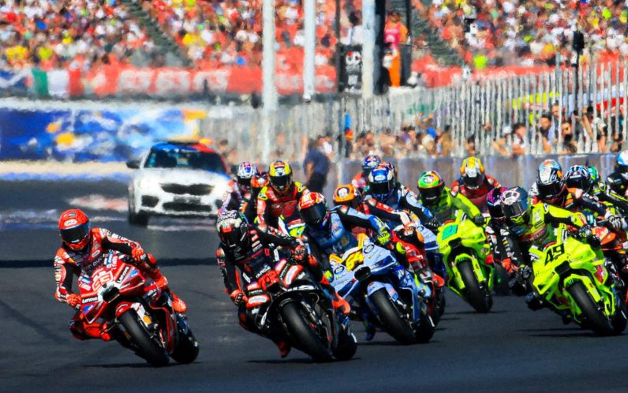 GP Misano, la partenza della Sprint Race: il sorpasso di Marquez su Bezzecchi