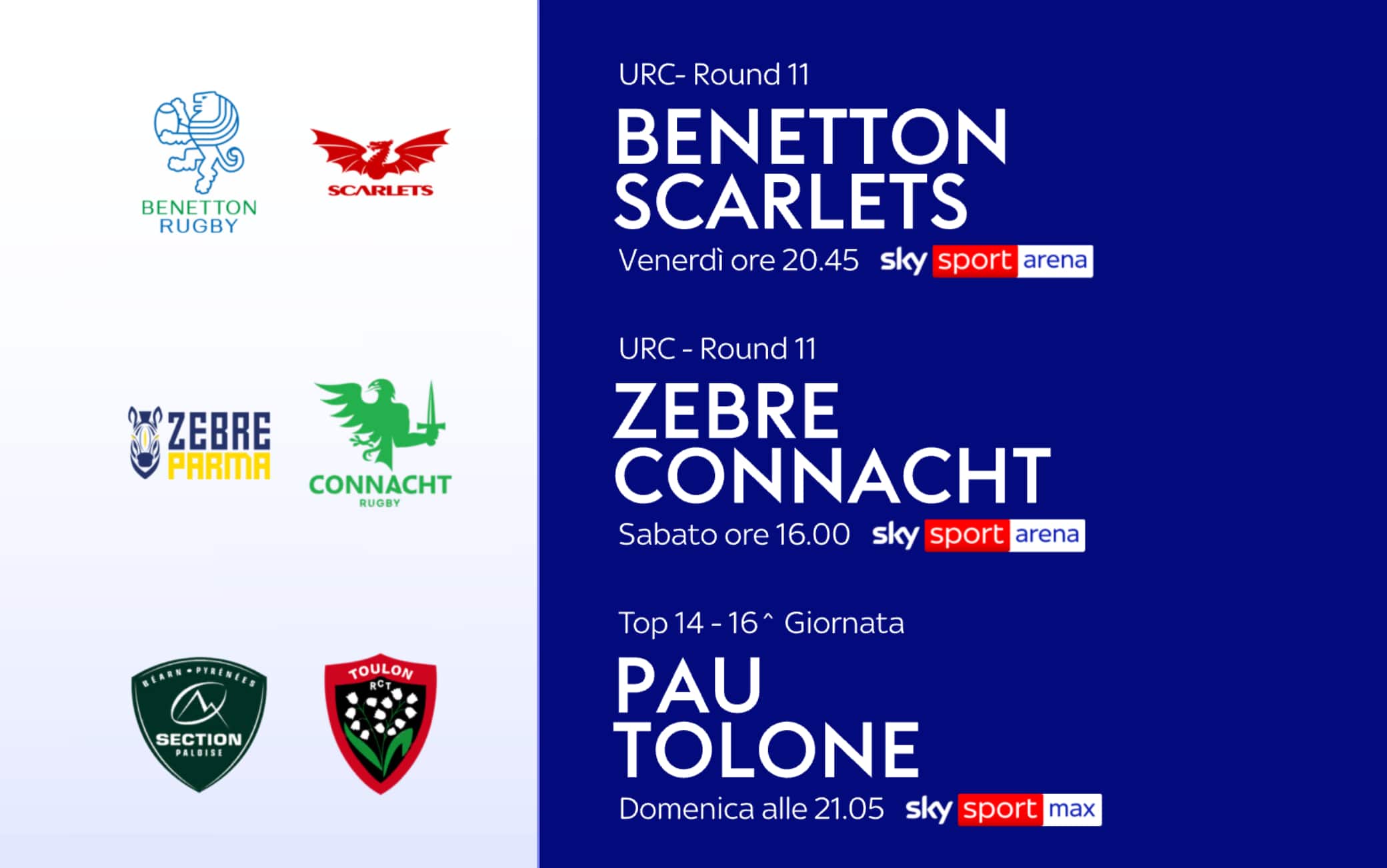 United Rugby Championship e Top 14, le partite su Sky