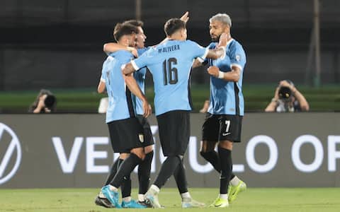epa11723784 Players of Uruguay celebrate a goal during a 2026 FIFA World Cup South American qualifier match between Uruguay and Colombia, at the Centenario stadium, in Montevideo, Uruguay, 15 November 2024.  EPA/GASTON BRITOS