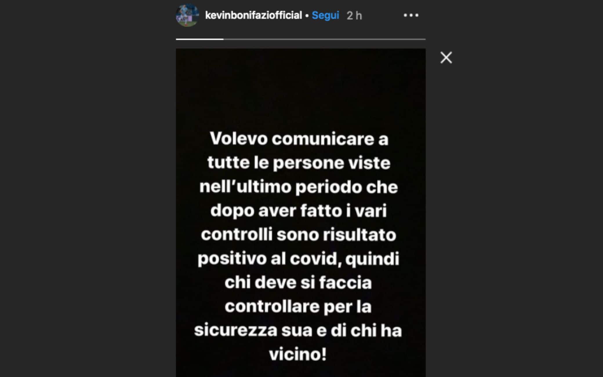 La "storia" Instagram pubblicata da Kevin Bonifazi