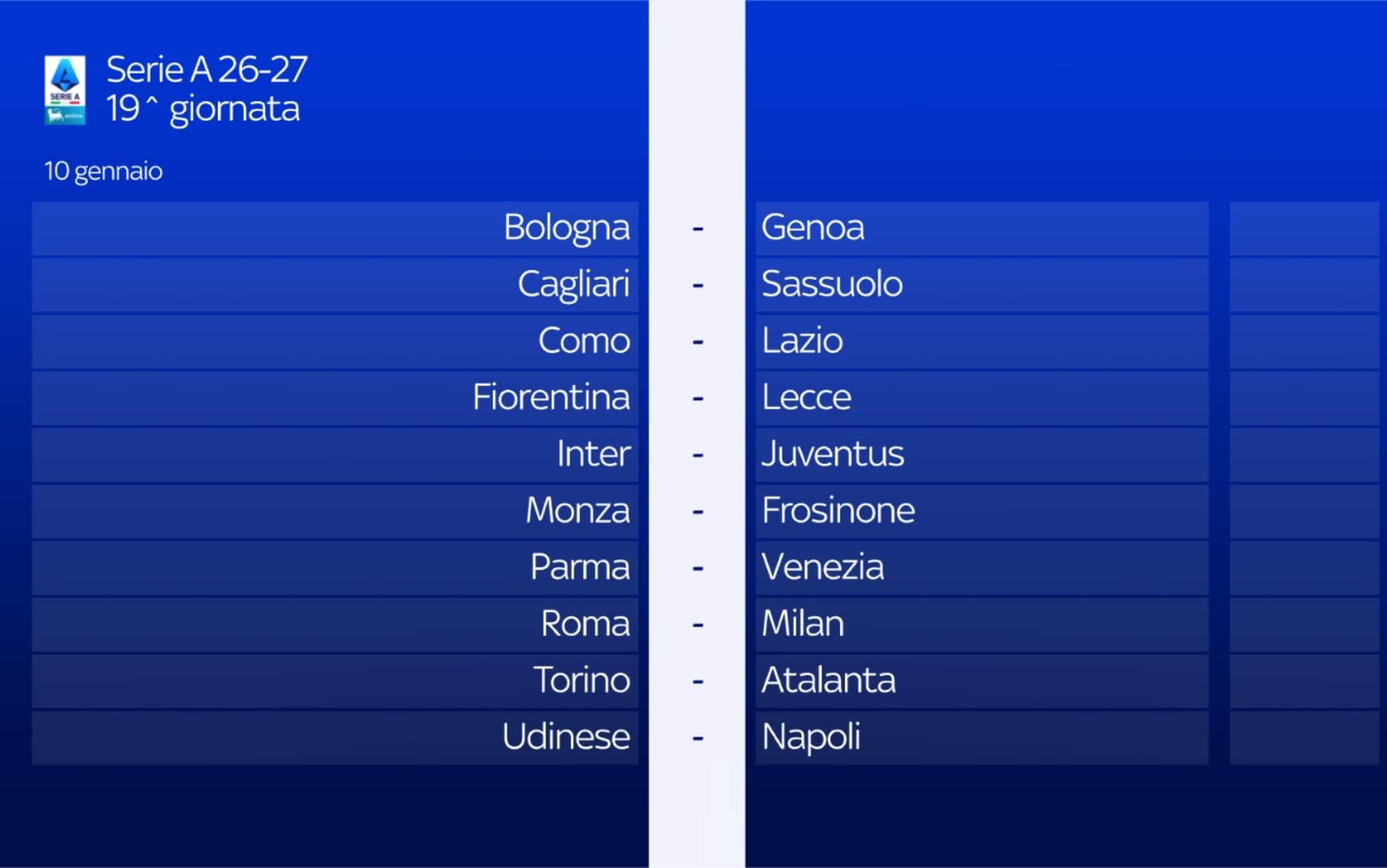 Non mancava qualcosa? Derby d'Italia all'ultima di andata nel weekend del 10 gennaio