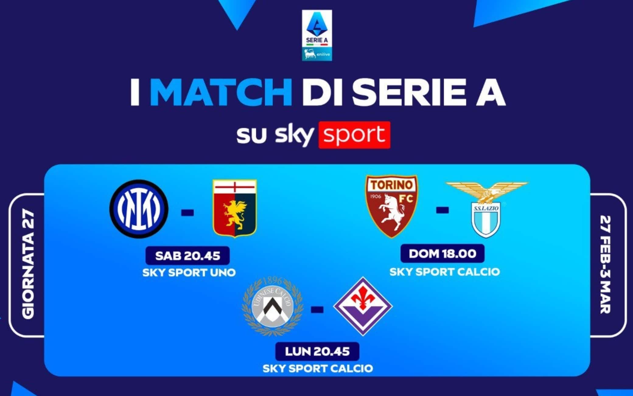 Calendario Serie A, le partite e gli orari della 27^ giornata