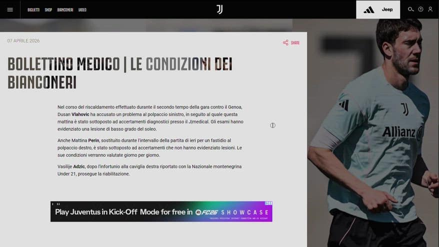 Juve, lesione per Vlahovic: 1 mese di stop. Perin ok