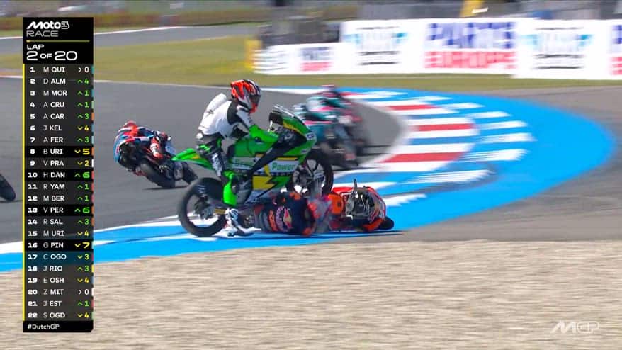 Moto3, ad Assen cade Carpe, e Cruces gli passa sopra...