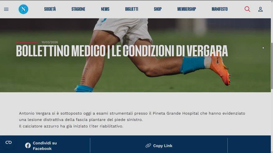 Napoli, stop Vergara: almeno 5 settimane di stop