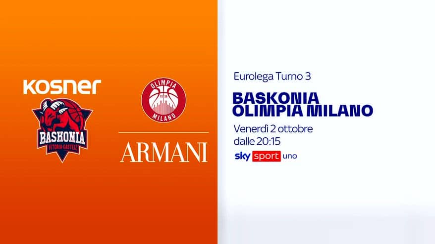 Eurolega, 3^ turno: Baskonia-Olimpia venerdì su Sky