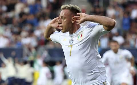 Davide Frattesi of Italy celebrates his goal - ultimately cancelled - during the UEFA Nations League Semi-final football match between Spain and Italy on June 15, 2023 at De Grolsch Veste, FC Twente stadium in Enschede, Netherlands