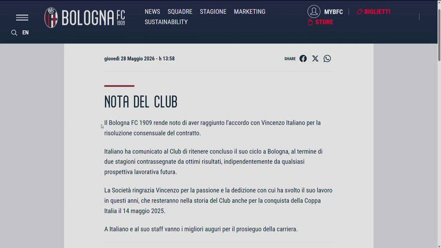 Bologna-Italiano, è ufficiale la separazione consensuale