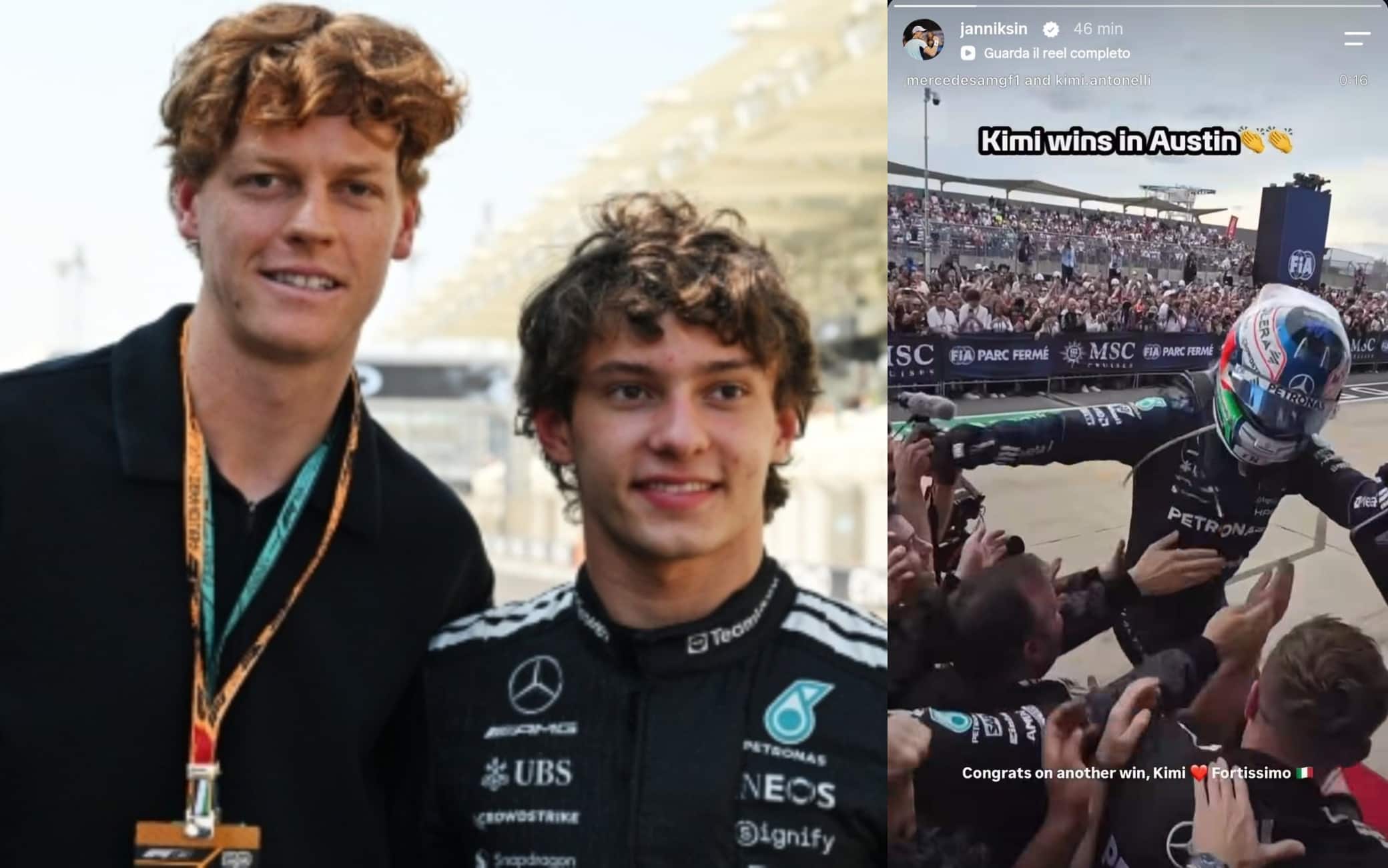 F1, Jannik Sinner si congratula con Kimi Antonelli dopo il successo ad Austin