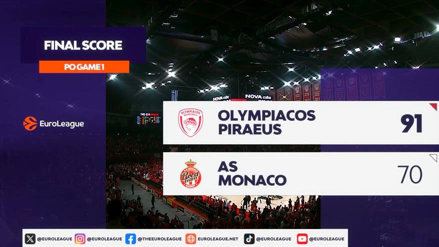 Olympiacos-Monaco gara-1 91-70: highlights Eurolega
