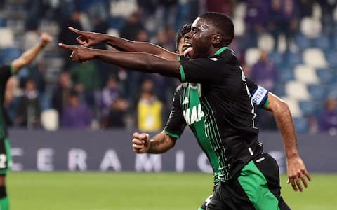 Sassuolo's Jeremie Boga  jubilates with his teammates after scoring the goal during the Italian Serie A soccer match US Sassuolo vs ACF Fiorentina at Mapei Stadium in Reggio Emilia, Italy,  30 October 2019.  ANSA / ELISABETTA BARACCHI