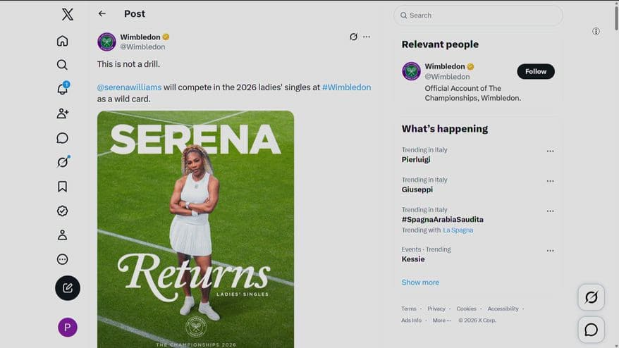 Wimbledon 2026, wild card per Serena Williams