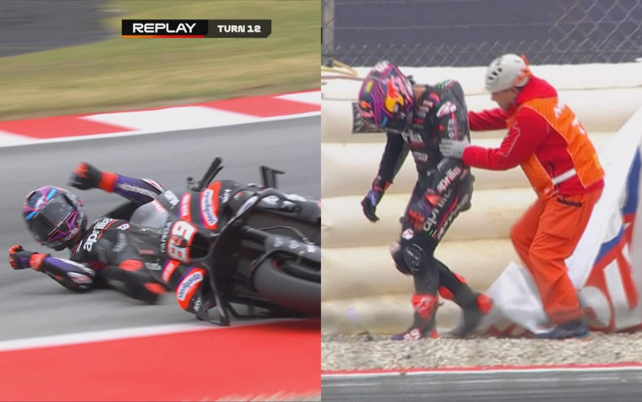 MotoGP, la caduta di Jorge Martin nel GP Catalunya a Barcellona. FOTO-VIDEO