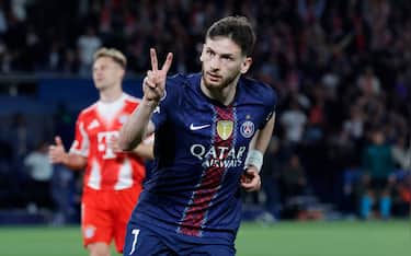 (260429) -- PARIS, April 29, 2026 (Xinhua) -- PSG's Khvicha Kvaratskhelia celebrates after scoring during the UEFA Champions League semi-final first leg football match between Paris Saint-Germain (PSG) and Bayern Munich at the Parc des Princes in Paris, France, April 28, 2026. (Photo by Henri Szwarc/Xinhua) - Henri Szwarc - //CHINENOUVELLE_chinenouvelle0053/Credit:CHINE NOUVELLE/SIPA/2604290848