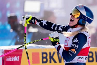 epa12586964 Lindsey Vonn of the United States reacts in finish area during the women's Downhill race at the Alpine Skiing FIS Ski World Cup, in St. Moritz, Switzerland, 12 December 2025.  EPA/CLAUDIO THOMA