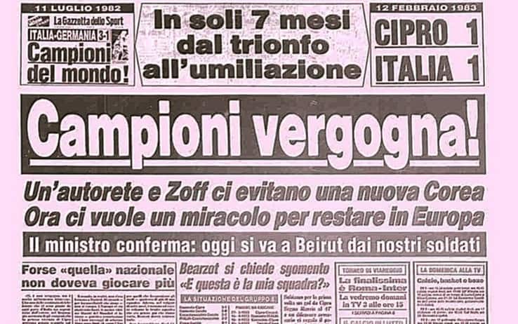 La prima pagina della Gazzetta dopo il pareggio dell'Italia a Cipro nel 1983