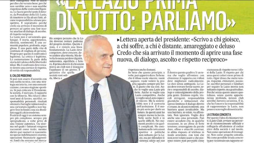 Lazio, lettera di Lotito ai tifosi: "Torniamo a parlarci"
