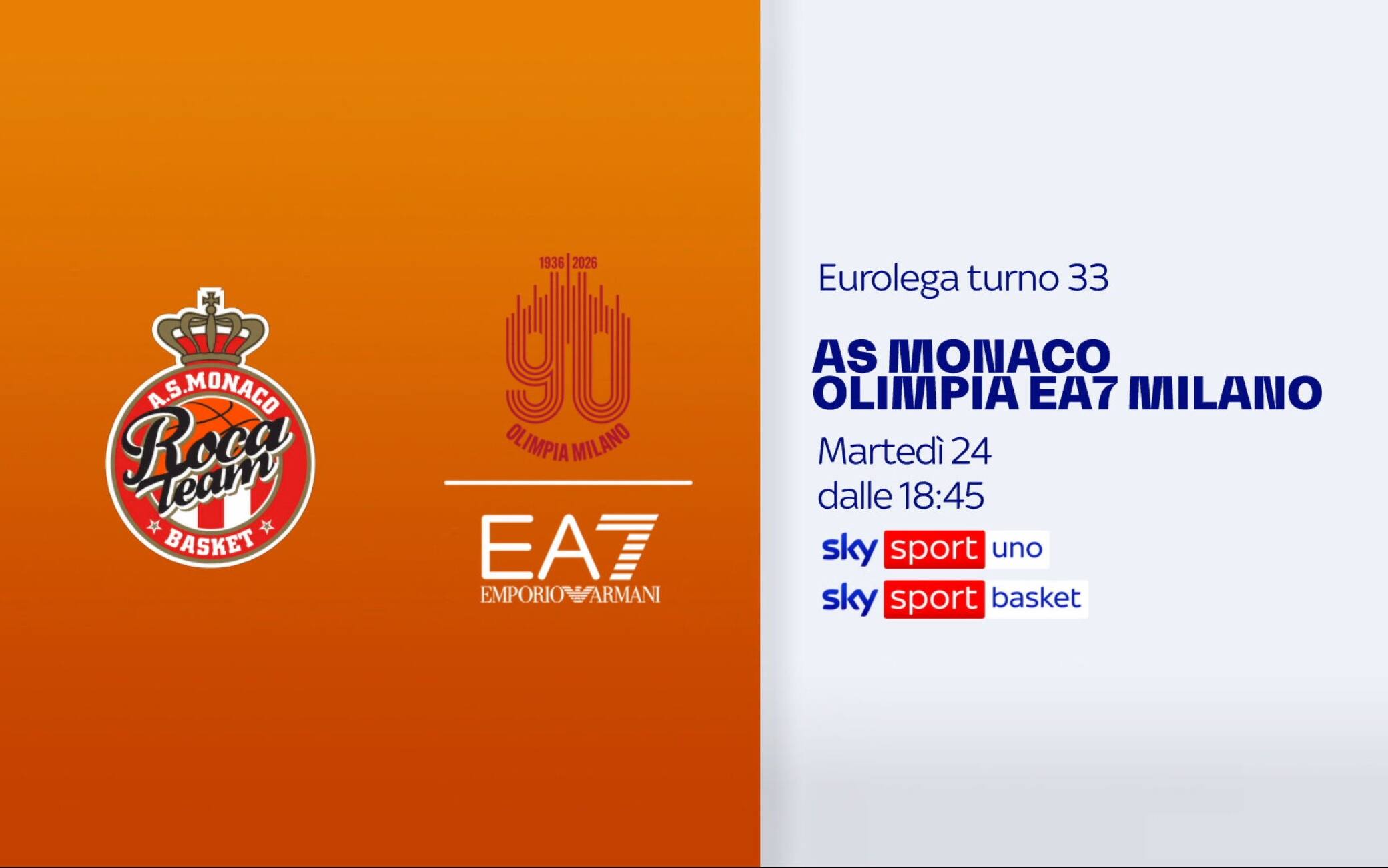 Eurolega, Monaco-Olimpia Milano alle 19 su Sky Sport Uno e Sky Sport Basket