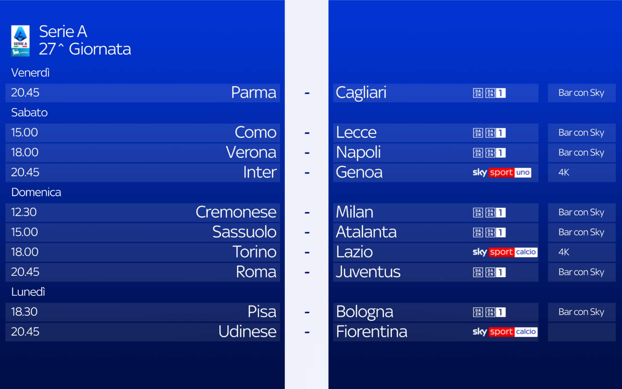 Serie A, 27^ giornata: orari, arbitri e squalificati