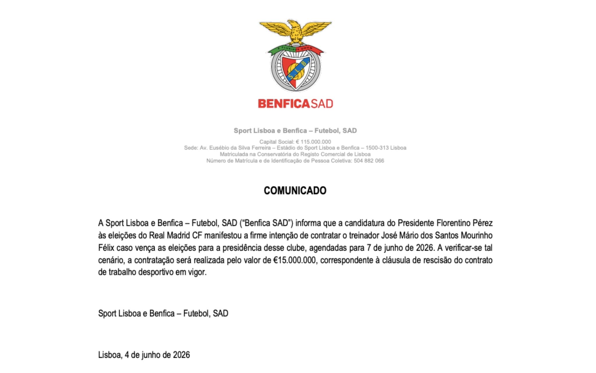 Il comunicato ufficiale del Benfica alla 'Comissão do Mercado de Valores Mobiliários'