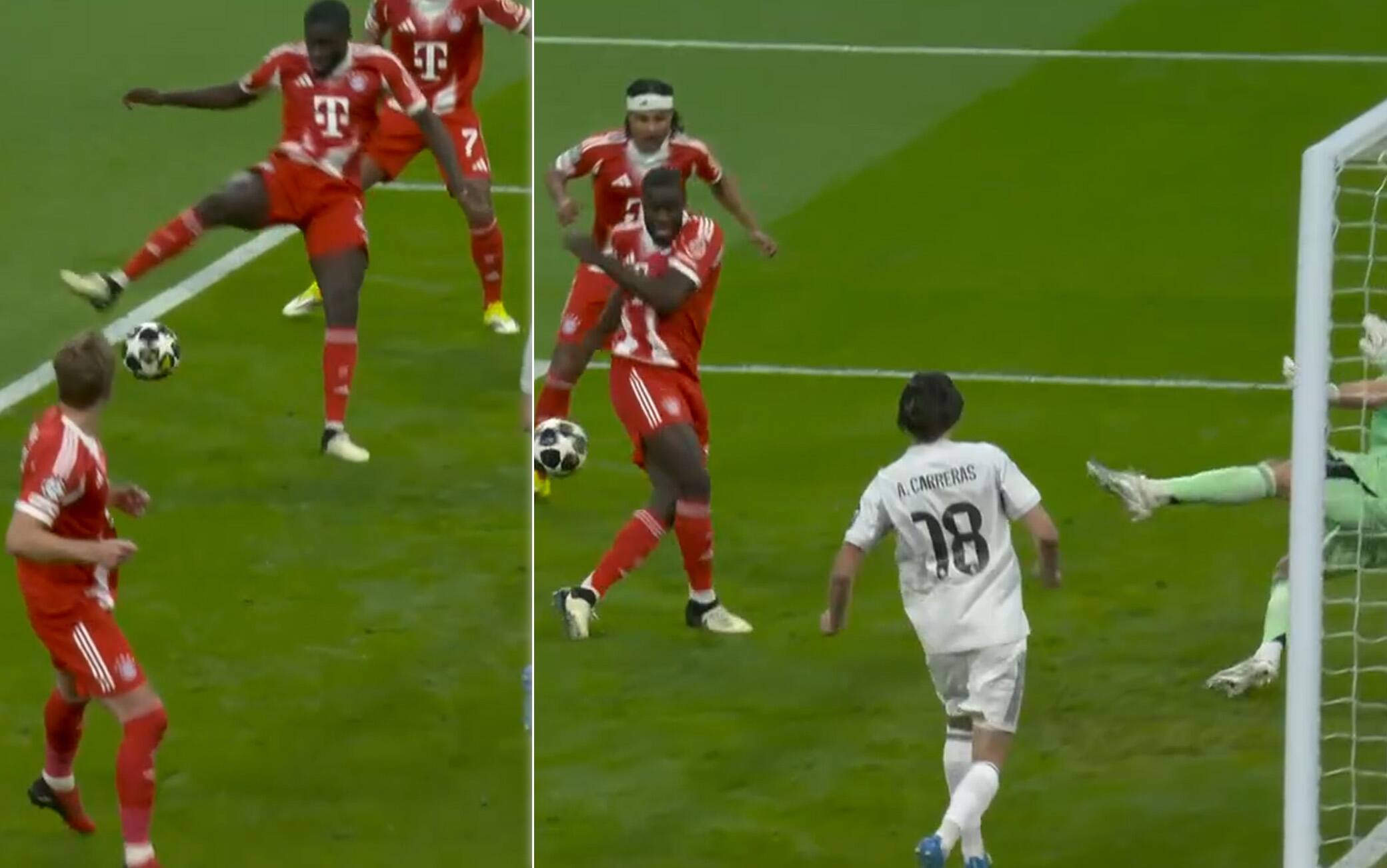 Real Madrid-Bayern Monaco, Upamecano calcia malissimo davanti alla porta. Video