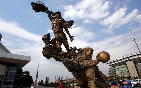 PHILADELPHIA - JUNE 28:  The Wilt Chamberlain Memorial Statue is seen on its' dedication and unveiling day June 28, 2004 at the Wachovia Center in Philadelphia, Pennsylvania.  NOTE TO USER:  User expressly acknowledges and agrees that, by downloading and or using this photograph, User is consenting to the terms and conditions of the Getty Images License Agreement.  (Photo by Jesse D. Garrabrant/NBAE via Getty Images)