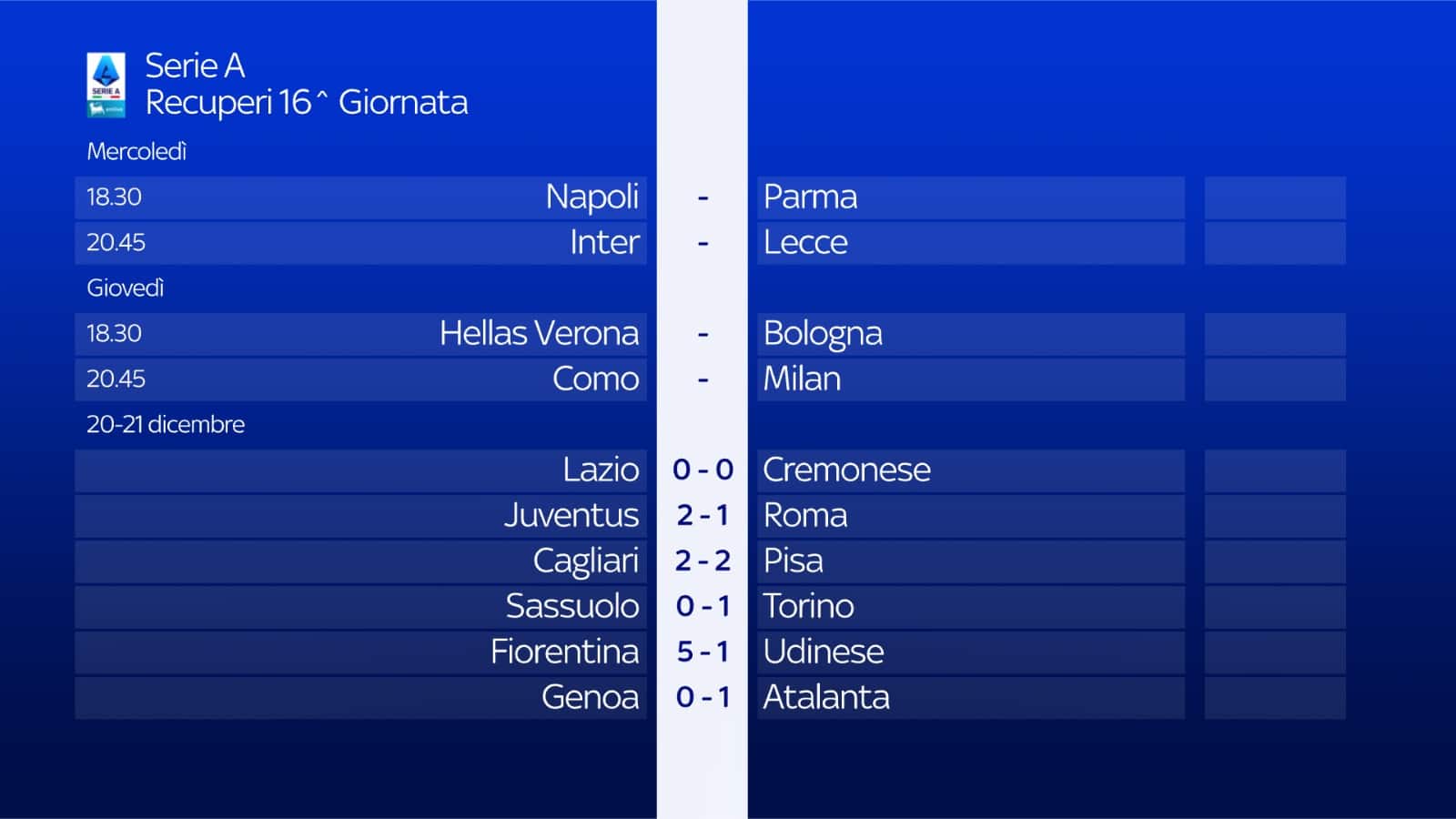 Calendario recuperi 16^ giornata
