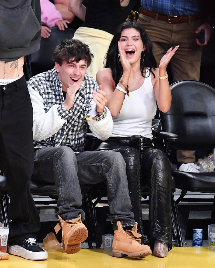 LOS ANGELES, CALIFORNIA - APRIL 30: Timothee Chalamet and Kylie Jenner attend a basketball game between the Los Angeles Lakers and the Minnesota Timberwolves at Crypto.com Arena on April 30, 2025 in Los Angeles, California. NOTE TO USER: User expressly acknowledges and agrees that, by downloading and or using this photograph, User is consenting to the terms and conditions of the Getty Images License Agreement. (Photo by Allen Berezovsky/Getty Images)