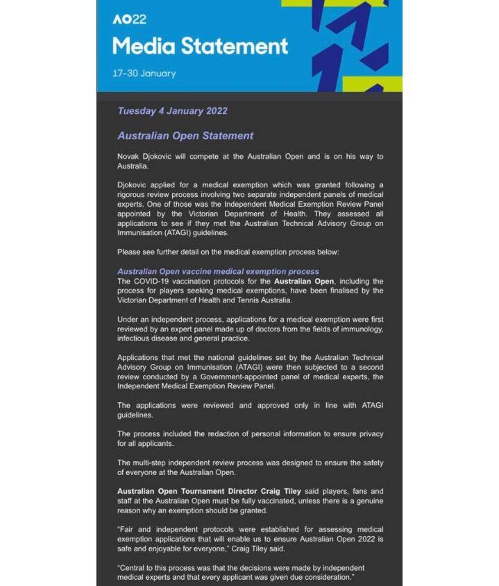 Il comunicato dell'Australian Open