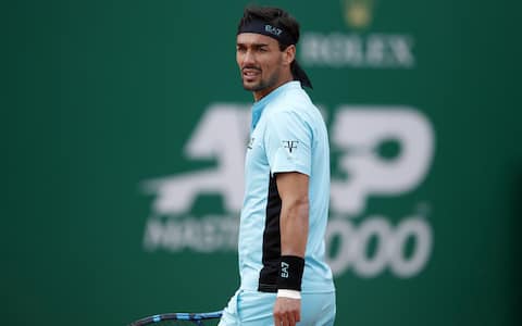 epa09139671 Fabio Fognini of Italy reacts during his quarter final match against Casper Ruud of Norway at the Monte-Carlo Rolex Masters tournament ?in Roquebrune Cap Martin, France, 16 April 2021.  EPA/SEBASTIEN NOGIER