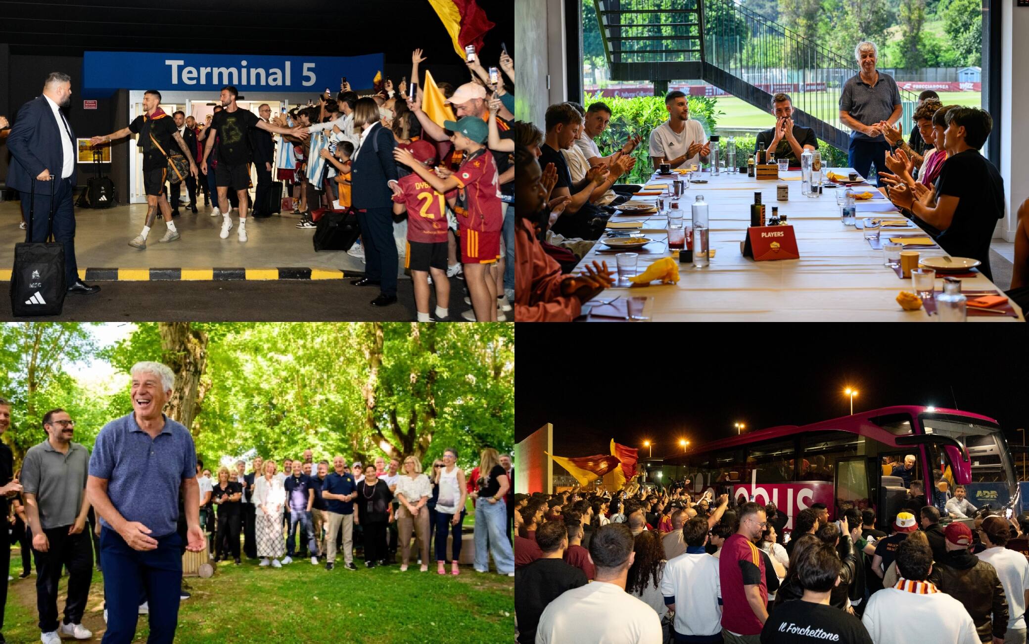 Roma in Champions, la festa dei tifosi a Fiumicino e il discorso di Gasperini a Trigoria