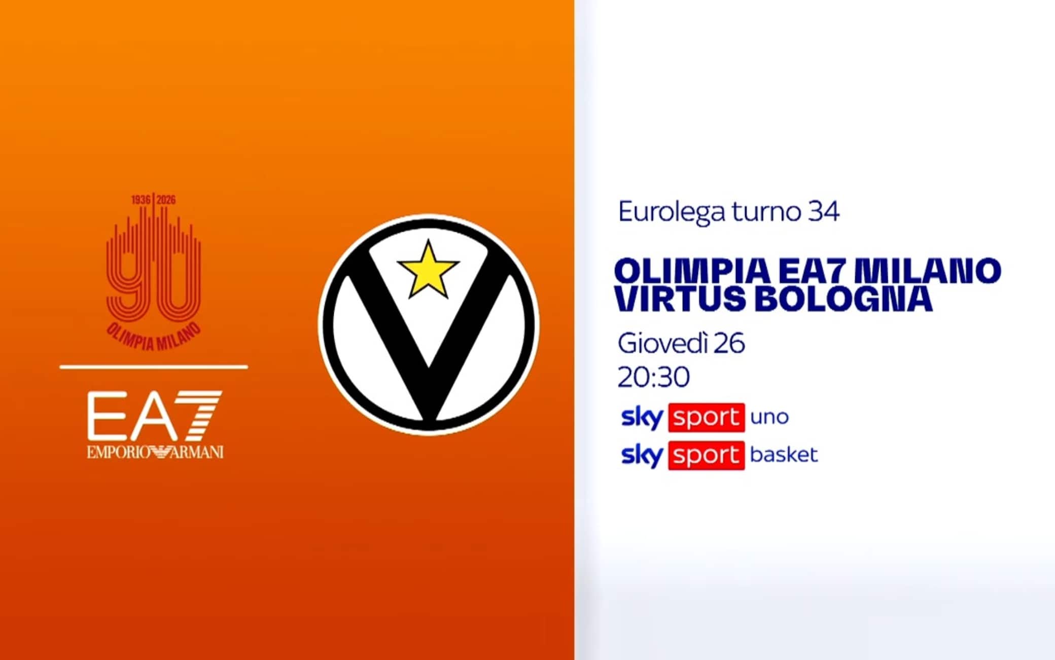 Eurolega, Olimpia Milano-Virtus Bologna giovedì alle 20.30 su Sky Sport Uno