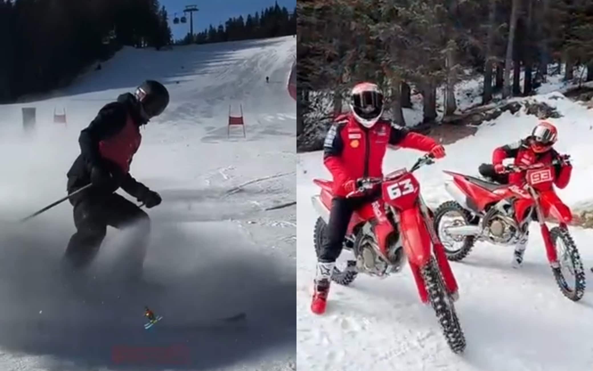 Bagnaia-Marquez, i piloti Ducati a Madonna di Campiglio tra sci e motocross. VIDEO