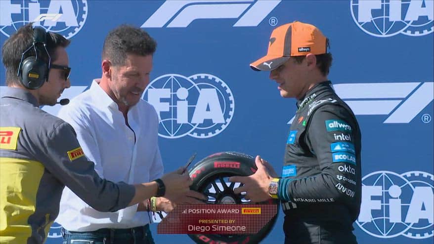 Norris, pole a Madrid: riceve il ruotino dal 'Cholo' Simeone