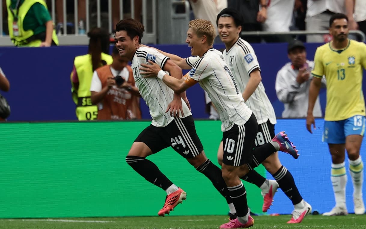 Kaishu Sano esulta dopo il gol contro il Brasile